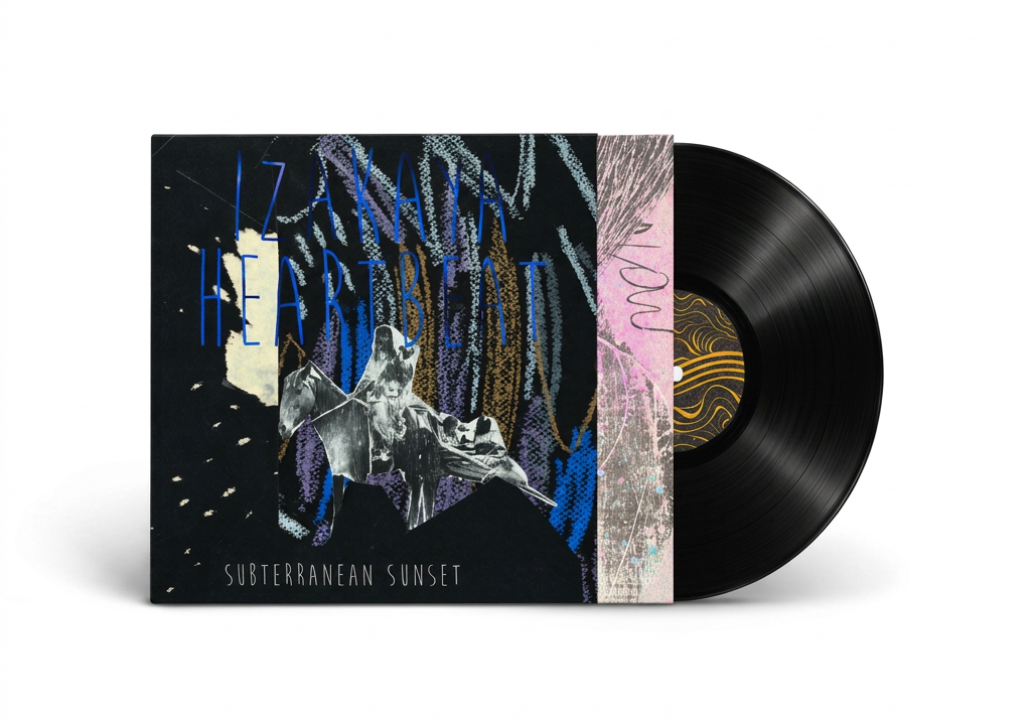 A black vinyl version of Izakaya Heartbeat Subterranean Sunset  partially pulled from its sleeve, showing the album cover art and black disc on a clean white background.