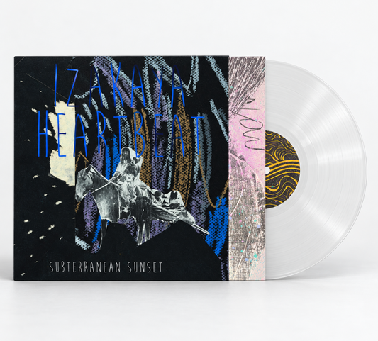 A vinyl record version of Izakaya Heartbeat Subterranean Sunset, partially slid out of its sleeve, showing the album cover art and a transparent clear record on a clean white background.