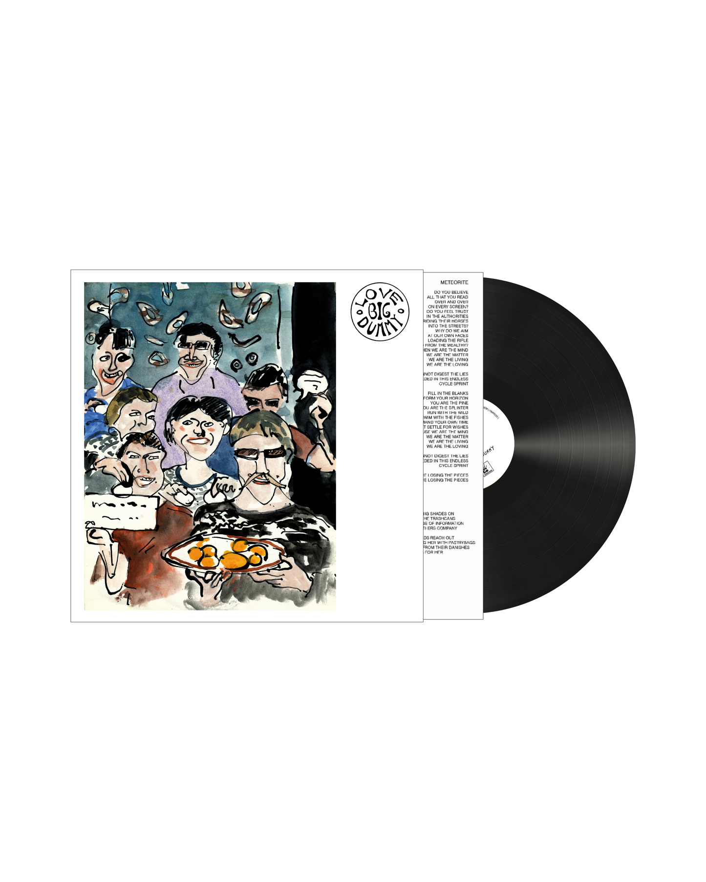 The selftitled Debut album from Love Big Dummy on LP vinyl record partially pulled from its sleeve, showing the illustrated album cover art and black record on a plain white background.