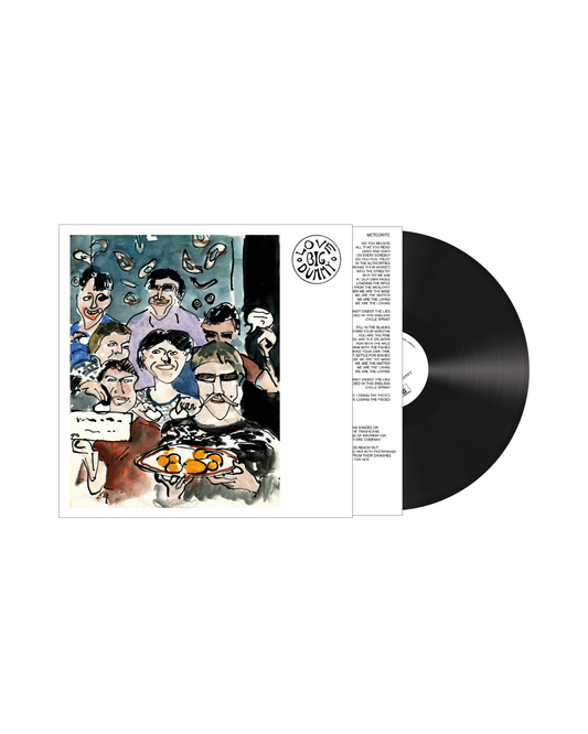 The selftitled Debut album from Love Big Dummy on LP vinyl record partially pulled from its sleeve, showing the illustrated album cover art and black record on a plain white background.
